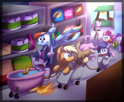 Size: 2000x1652 | Tagged: safe, artist:fj-c, applejack, fluttershy, pinkie pie, rainbow dash, rarity, twilight sparkle, g4, bathtub, context is for the weak, grocery store, mane six, rubber duck, sleeping, tongue out