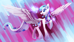 Size: 992x561 | Tagged: safe, artist:sylvaur, oc, oc only, oc:starline, pegasus, pony, female, large wings, looking back, mare, open mouth, raised hoof, solo, spread wings, wings