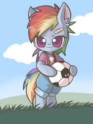Size: 1200x1600 | Tagged: safe, artist:anchor, rainbow dash, pegasus, pony, semi-anthro, g4, bandage, bipedal, clothes, cute, equestria girls outfit, female, filly, filly rainbow dash, football, grass, grass field, looking at you, mare, pixiv, solo, younger