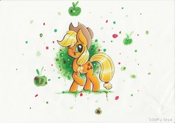 Size: 3507x2480 | Tagged: safe, artist:pumpkinkikile, applejack, g4, apple, female, high res, open mouth, smiling, solo, traditional art, wink