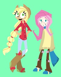 Size: 640x806 | Tagged: safe, artist:miss-zi-zi, applejack, fluttershy, human, g4, clothes, flattershy, humanized, skinny, sweater, sweatershy, thin