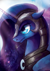 Size: 1024x1448 | Tagged: safe, artist:tracymod, princess luna, g4, armor, female, frown, helmet, portrait, solo, space