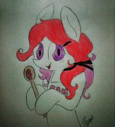 Size: 867x960 | Tagged: safe, artist:miss-racco0n, oc, oc only, earth pony, pony, apron, clothes, fondue drizzle, hairband, solo, spoon, traditional art