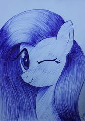 Size: 679x960 | Tagged: safe, artist:varijani, fluttershy, g4, female, monochrome, solo, traditional art, wink