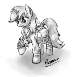 Size: 846x865 | Tagged: safe, artist:premann, oc, oc only, oc:littlepip, pony, unicorn, fallout equestria, bandage, black and white, clothes, fanfic, fanfic art, female, grayscale, hooves, horn, jumpsuit, mare, monochrome, pipbuck, saddle bag, simple background, sketch, solo, vault suit, white background