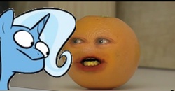Size: 1512x789 | Tagged: safe, artist:egophiliac, trixie, g4, annoying orange, crossover, inconvenient trixie, photoshop, wat, what now, woonoggles