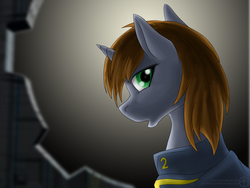 Size: 1600x1200 | Tagged: safe, artist:adalbertus, oc, oc only, oc:littlepip, pony, unicorn, fallout equestria, clothes, fanfic, fanfic art, female, horn, jumpsuit, mare, open mouth, solo, vault suit