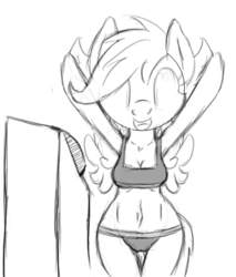 Size: 428x502 | Tagged: safe, artist:tg-0, scootaloo, anthro, semi-anthro, g4, arm hooves, belly button, bra, bra on pony, button, cleavage, clothes, female, monochrome, panties, solo, sports bra, thigh gap, underwear