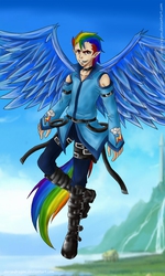 Size: 768x1280 | Tagged: safe, artist:dersedragon, rainbow dash, human, g4, elf ears, humanized, rainbow blitz, rule 63, solo, tailed humanization, winged humanization