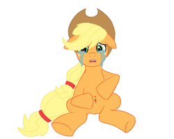 Size: 1800x1440 | Tagged: safe, artist:mylittleponbees, applejack, g4, belly button, crying, female, floppy ears, looking at you, piercing, simple background, sitting, solo, white background