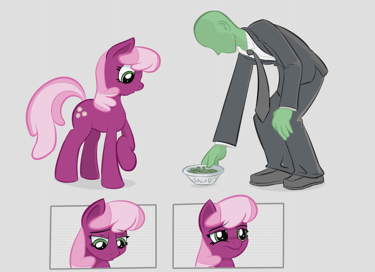 696435 - safe, artist:adequality, artist:kidkaizer, cheerilee, oc, oc:anon,  human, pony, g4, anon in equestria, bowl, color, colored, comic, salad,  unamused - Derpibooru