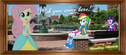 Size: 799x351 | Tagged: safe, artist:lovablerobot, artist:paris7500, artist:zacatron94, fluttershy, rainbow dash, twilight sparkle, equestria girls, g4, building, clothes, collage, college, dress, equestria girls in real life, fall formal outfits, photo, sitting, text, university, vector, water fountain