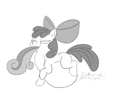 Size: 941x800 | Tagged: safe, artist:meepymaybelle, apple bloom, sweetie belle, earth pony, pony, g4, belly, female, fetish, filly, filly pred, filly prey, foal, impossibly large belly, monochrome, predbloom, swallowing, sweetieprey, tail sticking out, throat bulge, vore