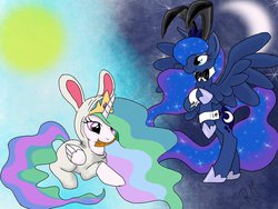 Size: 1024x768 | Tagged: safe, artist:derpyhoves18, princess celestia, princess luna, alicorn, pony, g4, bowtie, bunny costume, bunny ears, bunny pajamas, bunny suit, carrot, clothes, cufflinks, cuffs, cuffs (clothes), duo, duo female, female, mare, moon, royal sisters, siblings, sisters, sun