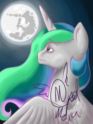 Size: 1200x1600 | Tagged: safe, artist:mixed42media, princess celestia, g4, female, mare in the moon, moon, night, sad, signature, solo, stars