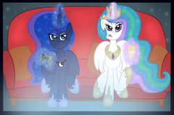 Size: 1018x677 | Tagged: safe, artist:princesslunadash23, princess celestia, princess luna, two best sisters play, g4, controller, couch, soda