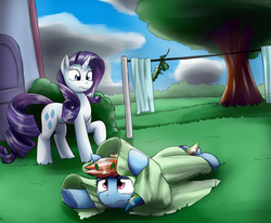 Size: 3685x3043 | Tagged: safe, artist:otakuap, rainbow dash, rarity, g4, clothes line, crash, crash landing, high res, rainbow crash