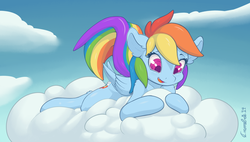 Size: 2837x1606 | Tagged: safe, artist:crombiettw, rainbow dash, g4, cloud, cloud hugging, cloudy, female, lying, lying on a cloud, prone, smiling, solo