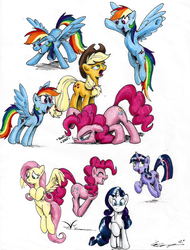 Size: 2486x3272 | Tagged: safe, artist:mattings, applejack, fluttershy, pinkie pie, rainbow dash, rarity, twilight sparkle, g4, high res, mane six, sniffing, traditional art