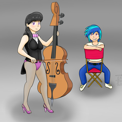 Size: 1500x1500 | Tagged: safe, artist:phallen1, dj pon-3, octavia melody, vinyl scratch, human, g4, cello, clothes, high heels, humanized, leotard, looking at you, musical instrument, pantyhose, smiling, tuxedo