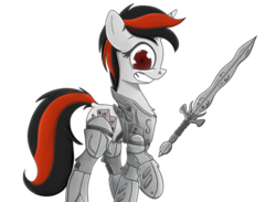 Size: 1119x821 | Tagged: dead source, safe, artist:allyster-black, oc, oc only, oc:blackjack, cyborg, pony, unicorn, fallout equestria, fallout equestria: project horizons, amputee, armor, cybernetic legs, female, level 1 (project horizons), mare, simple background, solo, sword, weapon, white background