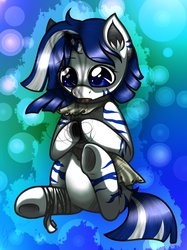 Size: 773x1034 | Tagged: safe, artist:eloise-chan, oc, oc only, oc:umbra, zebracorn, bandage, belly, clothes, cute, female, filly, magic, open mouth, shadow magic, sitting, solo, underhoof