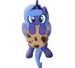 Size: 1200x1091 | Tagged: safe, artist:nerdponymod, princess luna, alicorn, pony, g4, cookie, cute, female, filly, flying, lunabetes, mouth hold, simple background, solo, woona