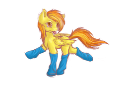 Size: 1524x1042 | Tagged: safe, artist:bertthefrenchunicorn, spitfire, pegasus, pony, g4, clothes, extended trot pose, female, mare, socks, solo, tongue out