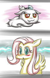 Size: 1500x2326 | Tagged: safe, artist:sonicdramon, discord, fluttershy, pegasus, pony, g4, blushing, chibi, duo