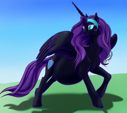 Size: 2500x2217 | Tagged: safe, artist:leovictor, artist:vasillium, oc, oc only, oc:nyx, alicorn, pony, :o, alicorn oc, belly, colored, day, high res, looking back, messy mane, older, older nyx, open mouth, pregnant, raised hoof, shadow, solo, spread wings