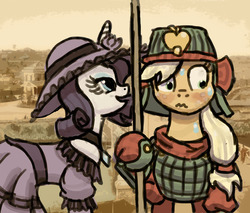 Size: 1000x850 | Tagged: artist needed, source needed, safe, applejack, rarity, g4, blushing, clothes, dress, female, hat, lesbian, samurai, samurai applejack, ship:rarijack, shipping, sweat, weapon