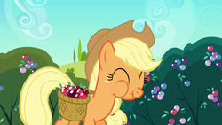 Size: 1280x720 | Tagged: safe, screencap, applejack, earth pony, pony, g4, the crystal empire, ^^, cheeks, crystal berries, eating, eyes closed, scrunchy face