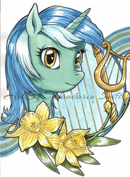 Size: 516x700 | Tagged: safe, artist:mandarinswift, lyra heartstrings, pony, unicorn, g4, bust, female, flower, lyre, portrait, solo, traditional art