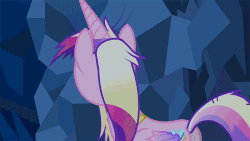 Size: 700x394 | Tagged: safe, screencap, princess cadance, pony, a canterlot wedding, g4, season 2, animated, cave, crystal caverns, cute, cutedance, dirty, eye shimmer, female, gif, grin, lidded eyes, looking at you, messy mane, reversed, smiling, solo, turning