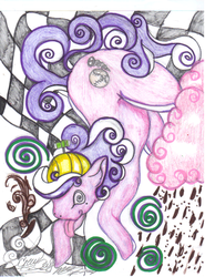 Size: 637x861 | Tagged: safe, artist:genkikinky, screwball, g4, chaos, chocolate rain, cloud, cotton candy, cotton candy cloud, female, food, hat, propeller hat, solo, swirly eyes, tea, tongue out, traditional art