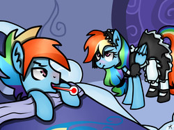 Size: 1600x1200 | Tagged: safe, artist:monnarcha, rainbow dash, pegasus, pony, g4, clothes, duo, female, maid, male, rainbow blitz, rainbow dash is not amused, rainbow maid, red nosed, rule 63, self ponidox, selfcest, ship:dashblitz, shipping, sick, straight, unamused