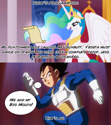 Size: 910x1024 | Tagged: safe, princess celestia, princess molestia, g4, celestia's proclamation, dancing, dragon ball, dragon ball z, dragon ball z: battle of gods, exploitable meme, jackass, meme, sunbutt, trollestia, vegeta