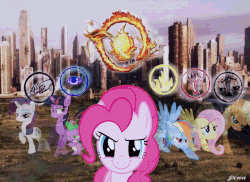 Size: 1360x988 | Tagged: safe, artist:mittenpatty, applejack, fluttershy, pinkie pie, rainbow dash, rarity, spike, twilight sparkle, g4, crossover, divergent, gif, non-animated gif, smirk, wallpaper