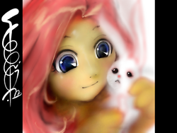 Size: 400x300 | Tagged: safe, artist:foog, angel bunny, fluttershy, anthro, g4, ambiguous facial structure, female, pixiv, solo