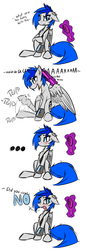 Size: 711x2057 | Tagged: safe, artist:ralek, artist:varulv, oc, oc only, oc:sapphire sights, pegasus, pony, fallout equestria, blushing, brush, brushie, comic, cute, dialogue, embarrassed, female, kicking, mare, pipbuck, solo, tsundere