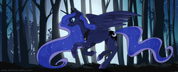 Size: 1050x429 | Tagged: safe, artist:spainfischer, princess luna, alicorn, pony, g4, concave belly, female, forest, mare, night, running, slender, solo, thin