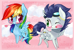 Size: 1024x682 | Tagged: safe, artist:zorbitas, rainbow dash, soarin', g4, blushing, cute, female, flying, heart, male, ship:soarindash, shipping, smiling, straight, tongue out