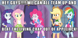 Size: 610x297 | Tagged: safe, edit, edited screencap, screencap, applejack, fluttershy, pinkie pie, rainbow dash, rarity, equestria girls, g4, abuse, jackabuse, meme, oh crap, op is a duck, pinkie has a crazy idea, this will end in tears, this will not end well