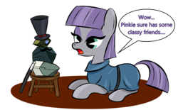 Size: 1358x844 | Tagged: safe, artist:hip-indeed, maud pie, rocky, g4, dialogue, female, hat, monocle, monocle and top hat, moustache, solo, top hat