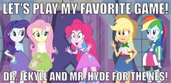 Size: 1024x499 | Tagged: safe, edit, edited screencap, screencap, applejack, fluttershy, pinkie pie, rainbow dash, rarity, equestria girls, g4, my little pony equestria girls, dr jekyll and mr hyde, meme, nintendo, nintendo entertainment system, pinkie has a crazy idea