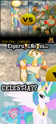 Size: 534x1167 | Tagged: safe, pinkie pie, princess celestia, g4, egyptian, history channel, ra, ra celestia, spanish