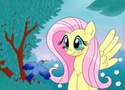 Size: 3200x2301 | Tagged: safe, artist:antoyuju, fluttershy, bird, g4, blushing, female, flying, high res, solo