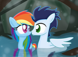 Size: 1956x1448 | Tagged: safe, artist:littlecloudie, rainbow dash, soarin', duck pony, g4, boop, confused, eye contact, female, lake, male, noseboop, nuzzling, ship:soarindash, shipping, smiling, straight, water