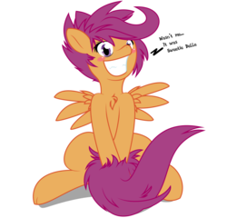 Size: 3628x3482 | Tagged: safe, artist:knifeh, artist:tyler611, scootaloo, g4, blushing, chest fluff, covering, dialogue, female, high res, purple eyes, purple mane, simple background, smiling, solo, spread wings, tail covering, transparent background, wingboner, wings