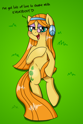 Size: 2000x3000 | Tagged: safe, artist:drako1997, idw, wheat grass, pony, g4, 2014, bedroom eyes, blushing, female, free love, glasses, high res, hippie, implied bisexual, lying, on back, round glasses, solo